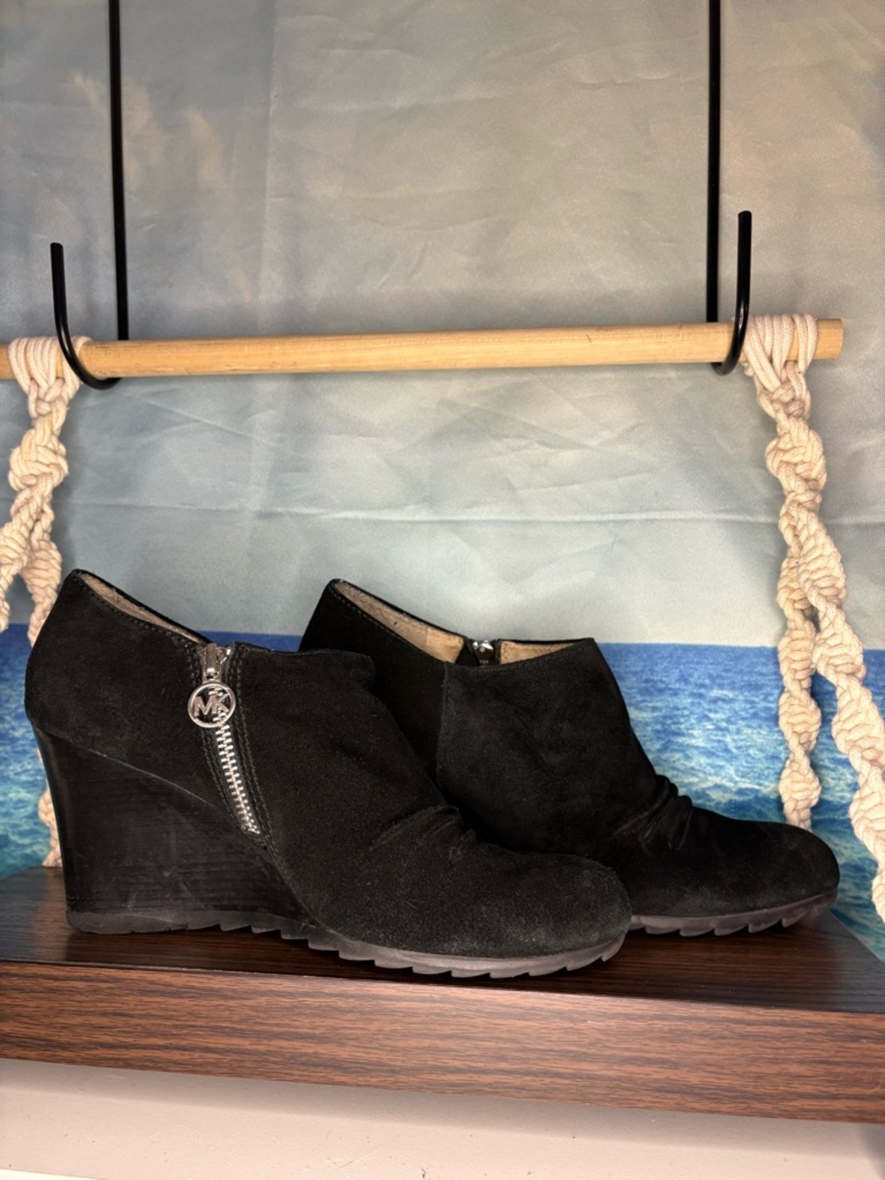 Michael Kors Black Suede “Norma” Wedge Ankle Booties with Logo Zip